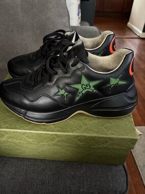 Gucci Black Leather Sneakers with Green Star Appliqués and Orange Heel Accents